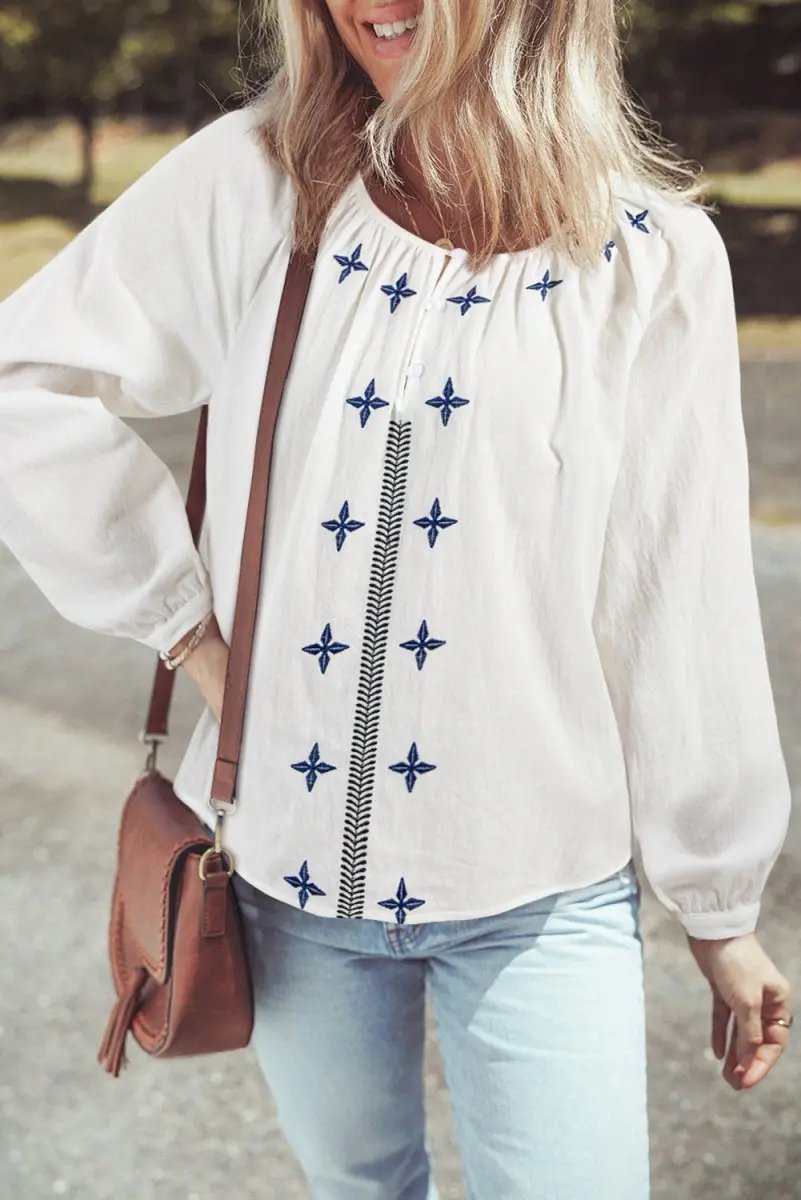White Geometric Embroidered Long Sleeve Blouse for Women - Love Salve